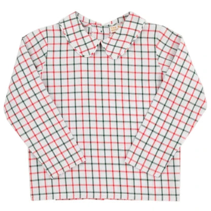 The Beaufort Bonnet Company Baby Boys' Peter Pan Collar Shirt features long sleeves and an Old Town Tattersall red, black, and white check pattern, shown on a plain background.