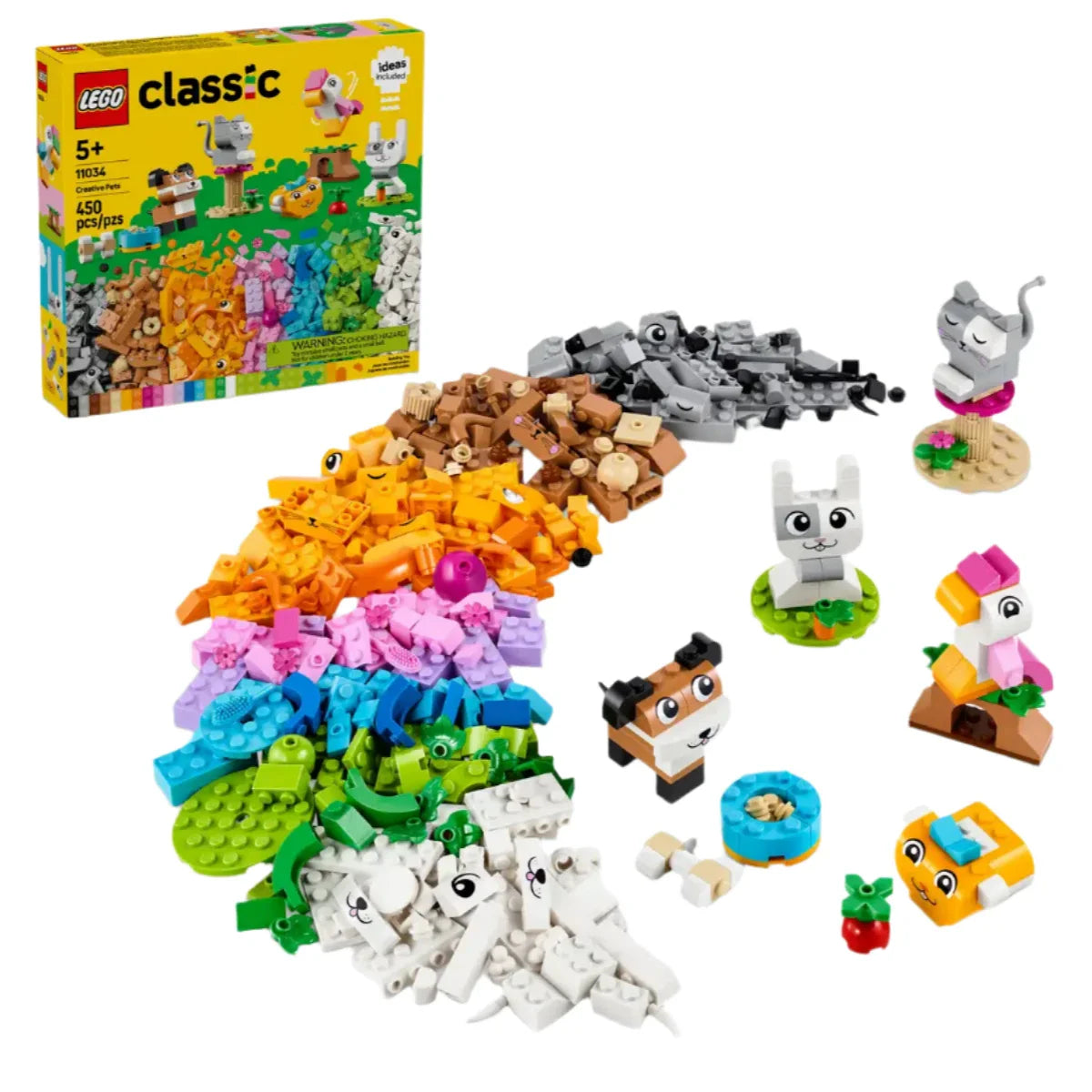 The LEGO® Classic Creative Pets set by Legos - Toyhouse features pieces in various colors and small buildable animal toys, with a colorful box in the background displaying sample builds. Suitable for ages 5 and up, this set includes 1100 pieces to inspire imaginative free-building ideas.