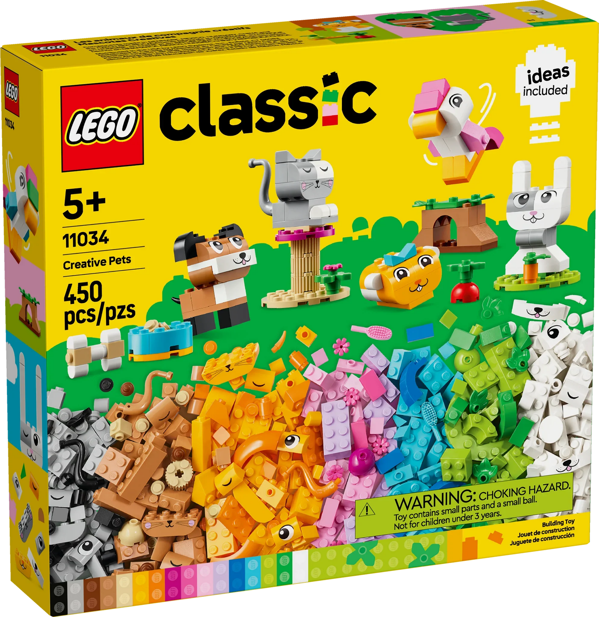 The Legos - Toyhouse LEGO® Classic Creative Pets set for ages 5 and up features 450 pieces along with imaginative free-building ideas. The box highlights various buildable animal toys, including a cat, dog, parrot, fish, and rabbit. Warning: choking hazard.