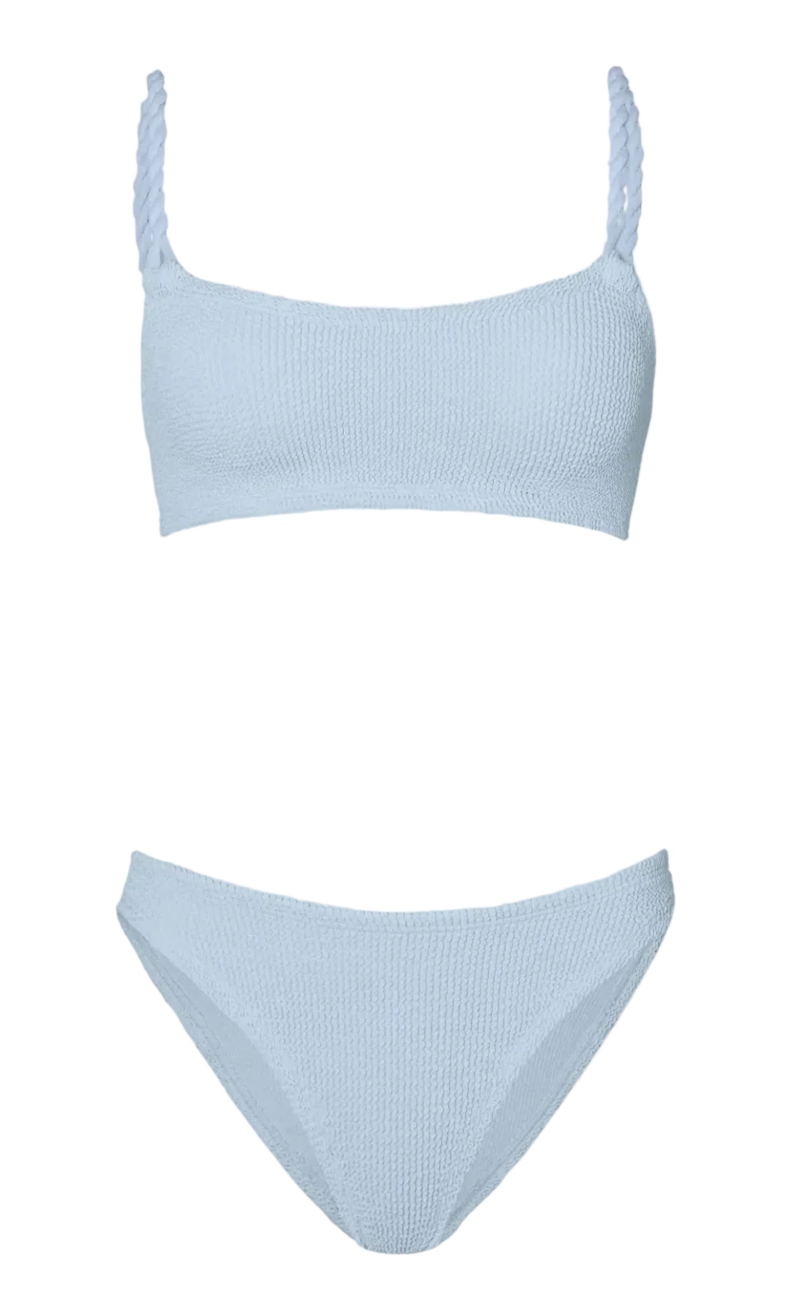 The Hunza G Phoebe Bikini features light blue crinkle fabric, a square neck top with braided straps, and matching high-cut bottoms, shown against a white background.
