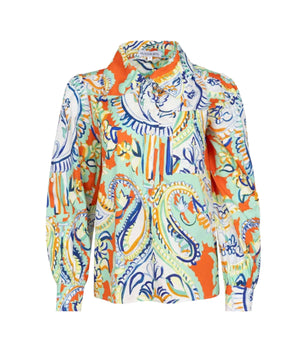 Discover the Hunter Bell Phoenix Shirt by Hunter Bell NYC: a colorful, long-sleeve pullover with a vibrant paisley and floral pattern. Featuring orange, blue, yellow, and white hues, its tailored collared neckline adds an elegant touch to this versatile piece.