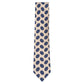 The Amoeba Tie by Robert Jensen is a beige silk tie featuring a repeating pattern of blue floral or circular motifs.