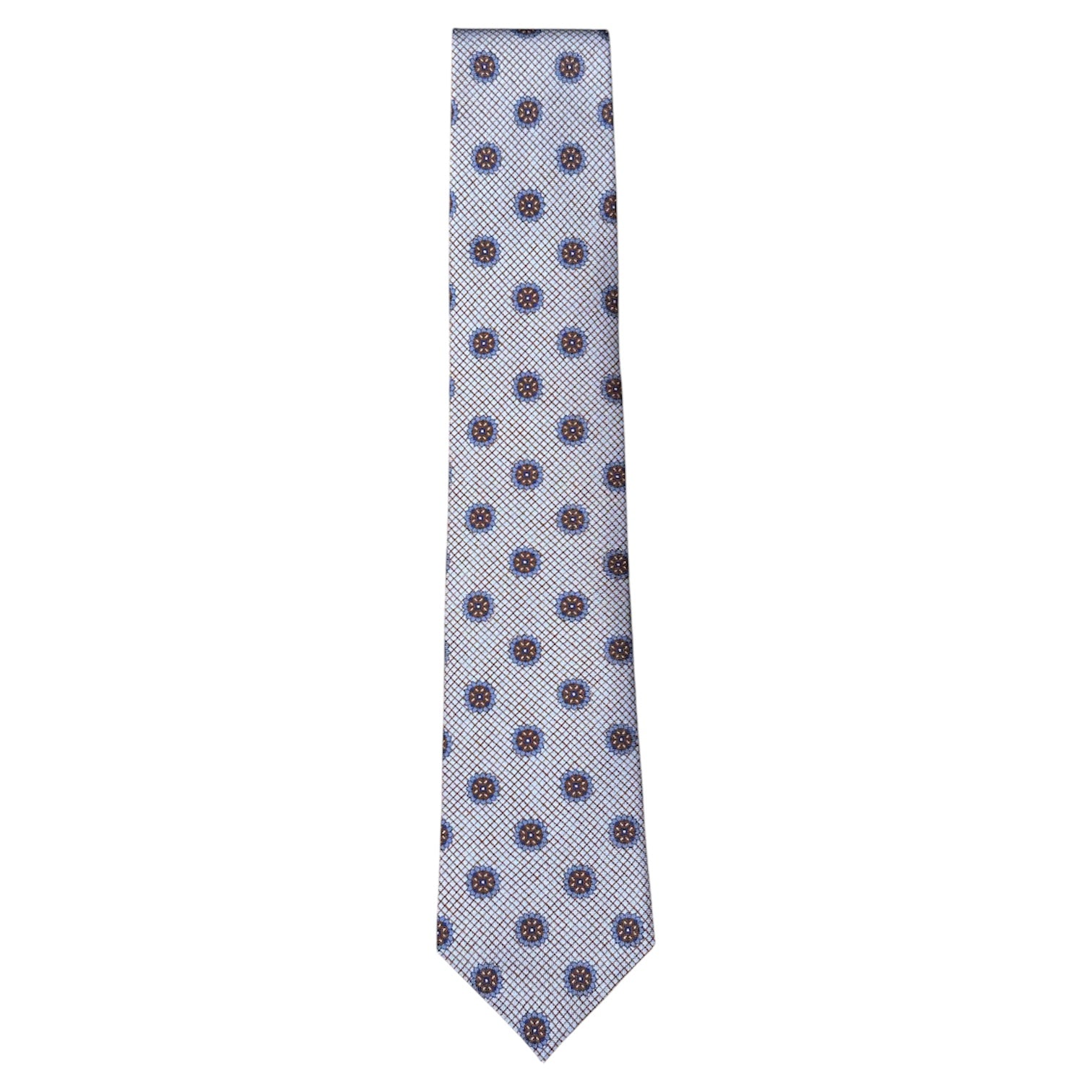 Starburst Tie by Robert Jensen: light blue silk, hand-stitched in Italy with red and blue circular motifs on a white background, shown against a plain backdrop.