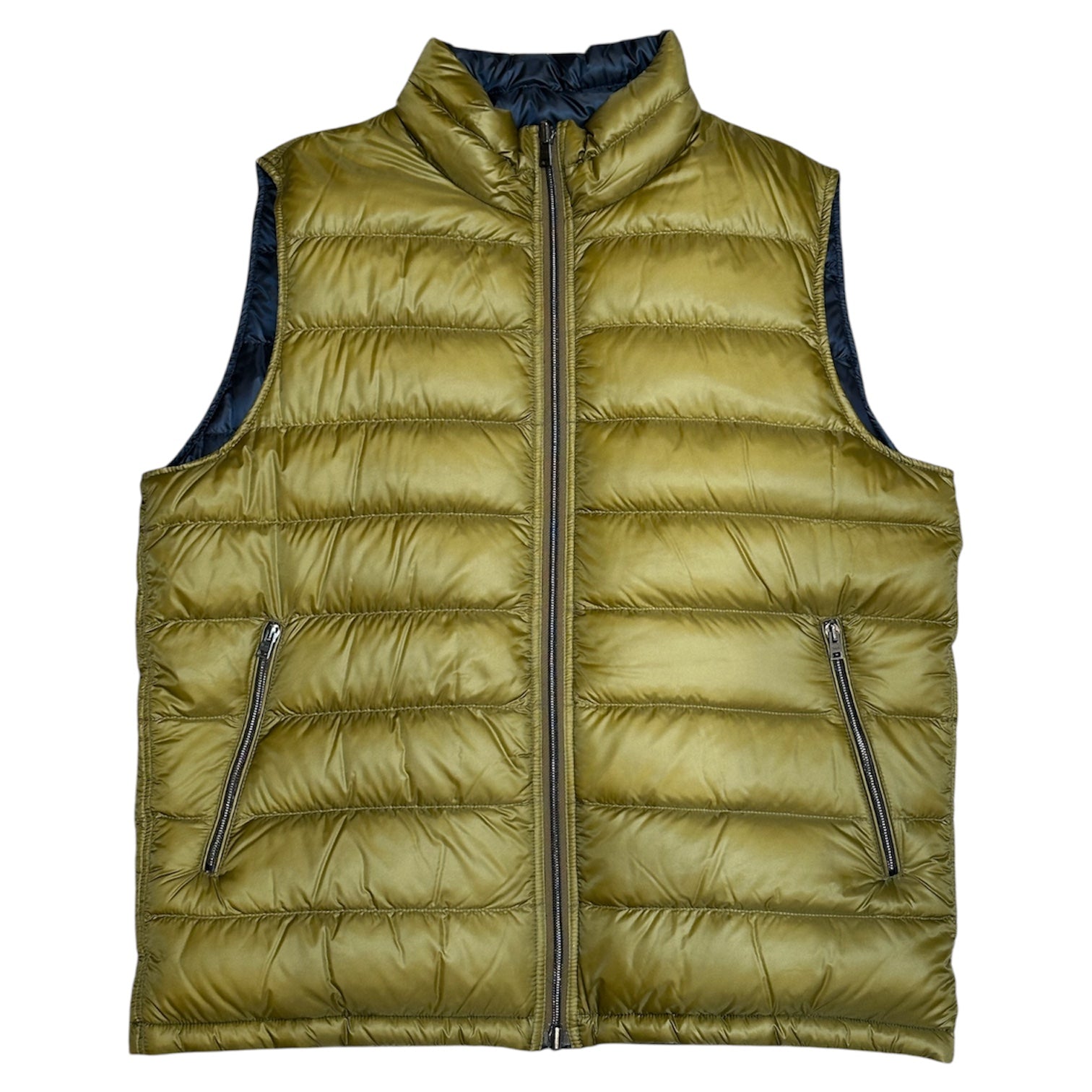 Herno Ultralight Nylon Reversible Vest in olive green features a high collar, front zipper closure, and two zippered side pockets, shown on a white background.
