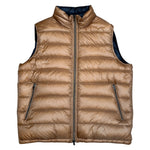 The Herno Ultralight Nylon Reversible Vest features a tan design with a high collar, front zipper closure, and two zippered side pockets. Crafted from lightweight nylon and filled with goose down, it's showcased on a white background.