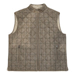 The Waterville Wool/Suede Windowpane Vest is a sleeveless beige men's layering piece with a grid pattern, front zipper, and two zippered pockets, shown flat on a white background.