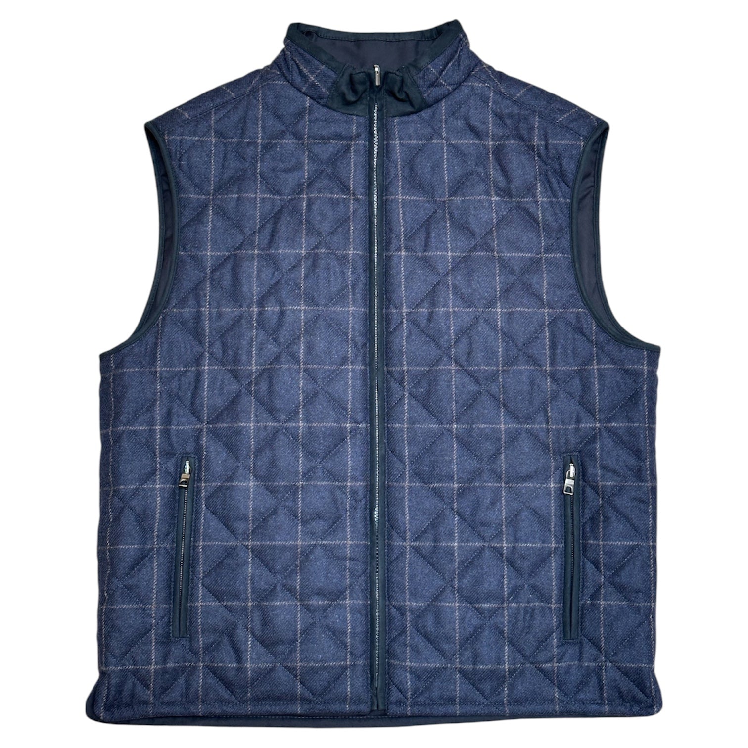 The Waterville Wool/Suede Windowpane Vest is a blue quilted men's layering vest featuring a front zipper, two zippered side pockets, and a stand collar, shown on a white background.