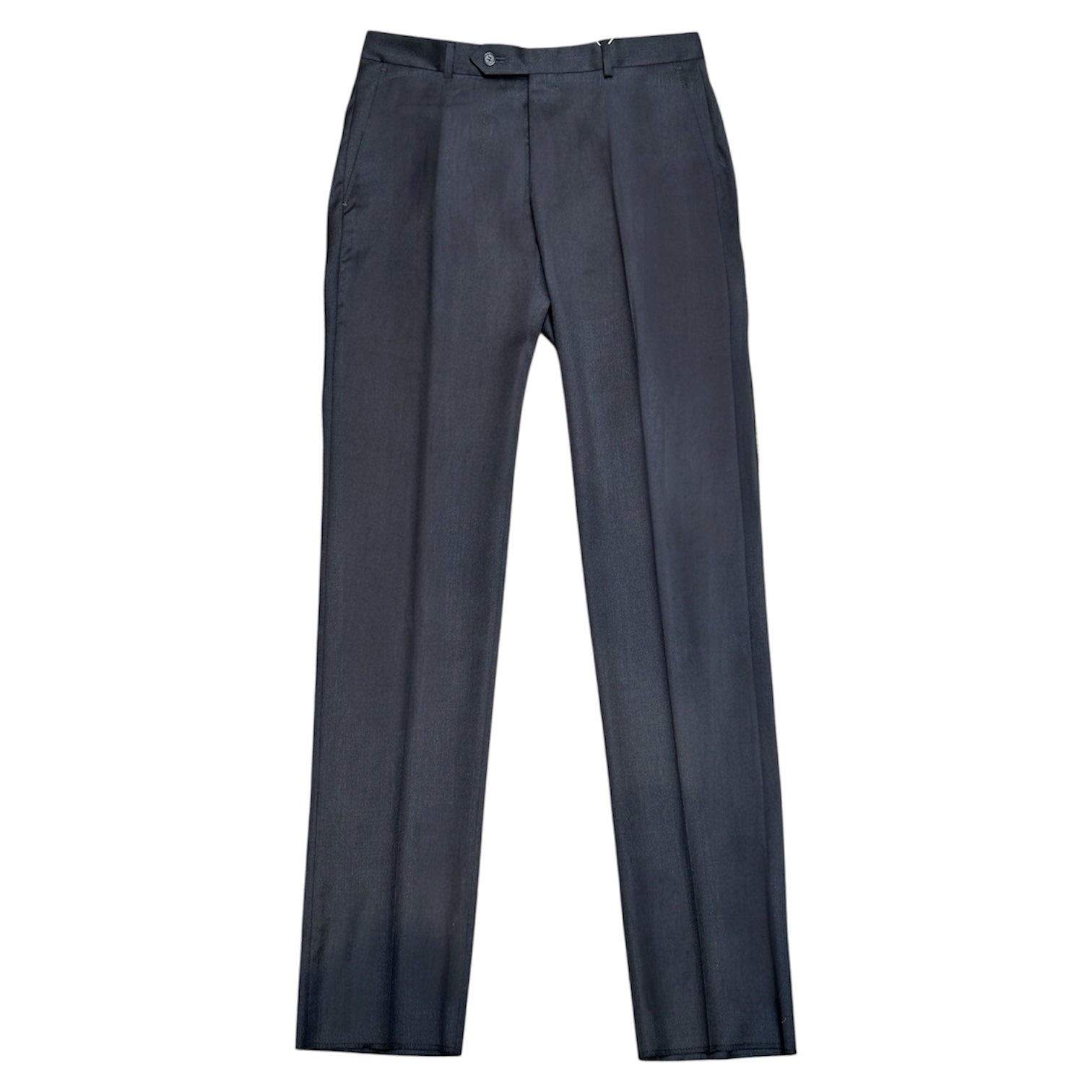 Samuelsohn Slim Fit Front Wool Pants in premium dark gray wool feature a button and zipper closure, front pleats, and side pockets. Perfect for formal or casual wear, shown laid flat on a white background.