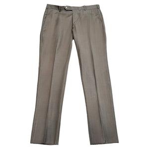The Samuelsohn Slim Fit Front Wool Pants in light brown feature button and zipper closure, front pockets, and belt loops. Crafted from premium wool, the pants are displayed laid flat on a white background.