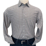 A mannequin wears the Alan Paine Dunsdale Woven Shirt, featuring long sleeves and a small brown and white check pattern, tucked into dark blue jeans with a black belt.