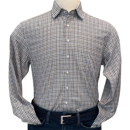 A mannequin wears the Alan Paine Dunsdale Woven Shirt, featuring long sleeves and a small brown and white check pattern, tucked into dark blue jeans with a black belt.