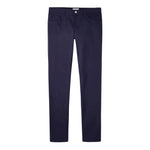 The Peter Millar Performance Five-Pocket Pant is a pair of dark blue slim-fit golf pants made from stretch twill, featuring front and back pockets and a button-zipper closure, shown laid flat on a white background.