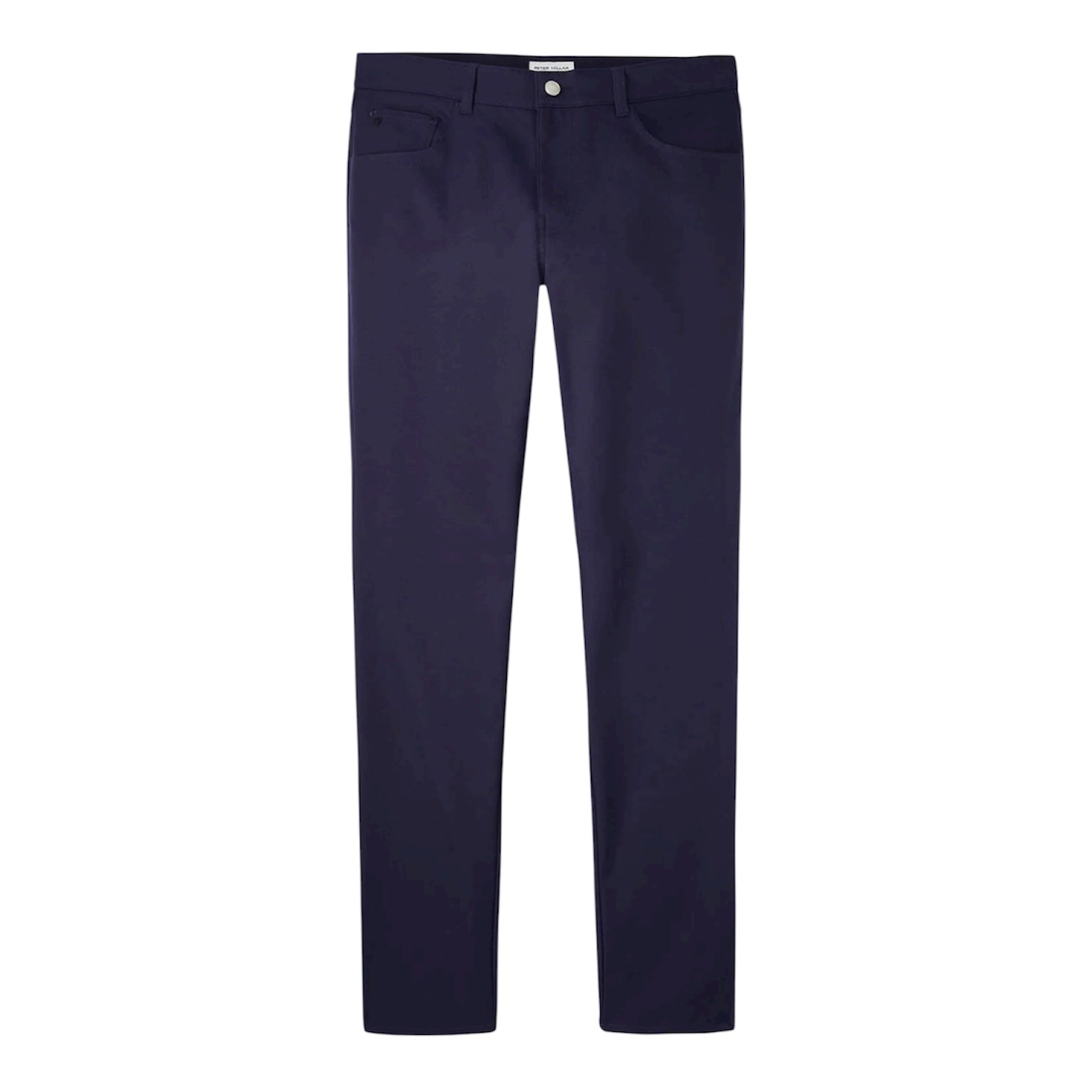 The Peter Millar Performance Five-Pocket Pant is a pair of dark blue slim-fit golf pants made from stretch twill, featuring front and back pockets and a button-zipper closure, shown laid flat on a white background.
