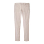 The Peter Millar Performance Five-Pocket Pant in light beige features a comfort waistband, straight-leg fit, and front and back pockets, shown against a white background.