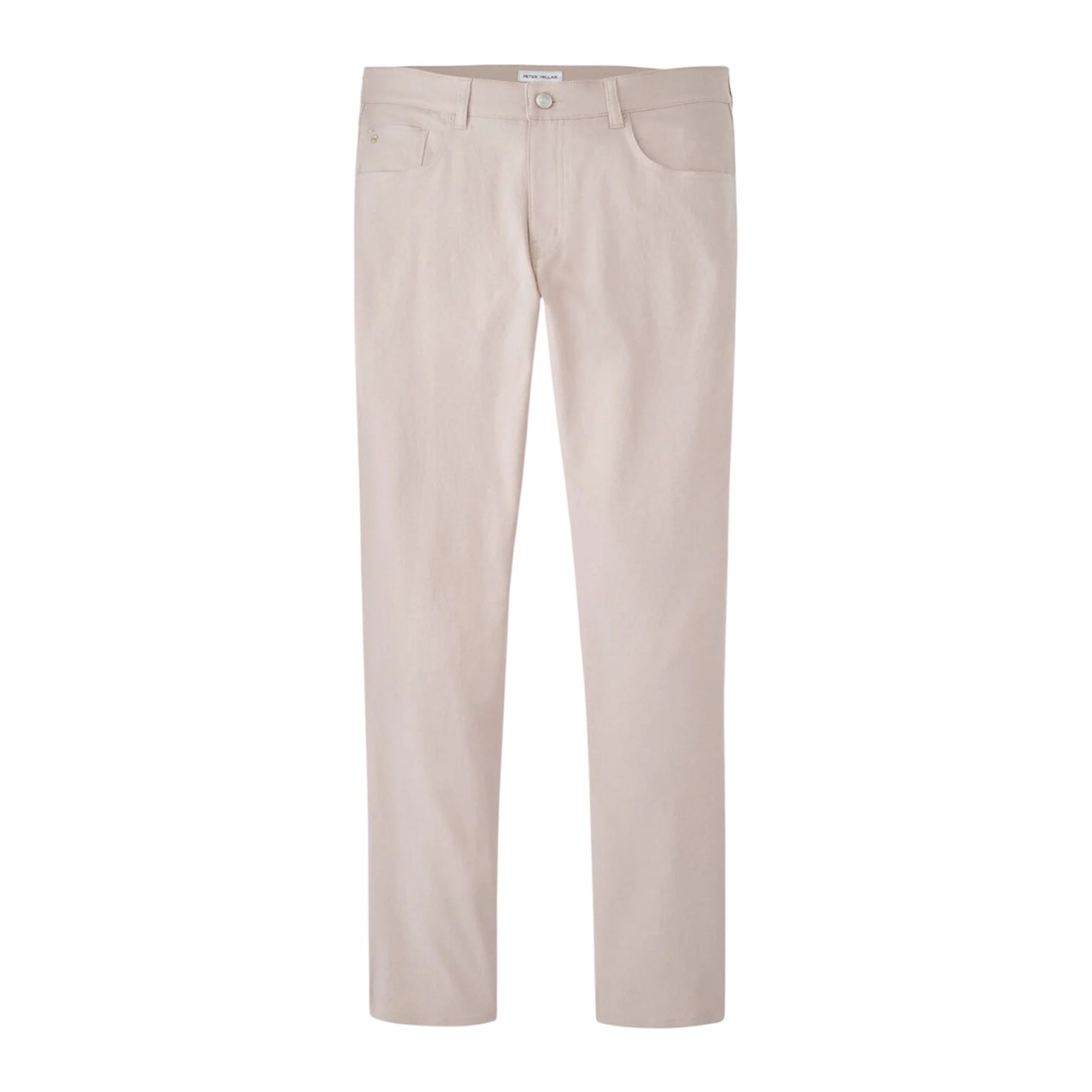 The Peter Millar Performance Five-Pocket Pant in light beige features a comfort waistband, straight-leg fit, and front and back pockets, shown against a white background.