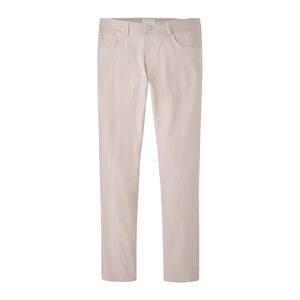 The Peter Millar Performance Five-Pocket Pant in light beige features a comfort waistband, straight-leg fit, and front and back pockets, shown against a white background.