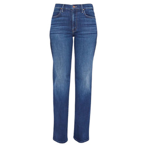 Mother’s Lil Kick It jeans are classic blue high-rise straight leg jeans crafted from recycled stretch denim, featuring a high waist, front and back pockets, and a button-zip closure.