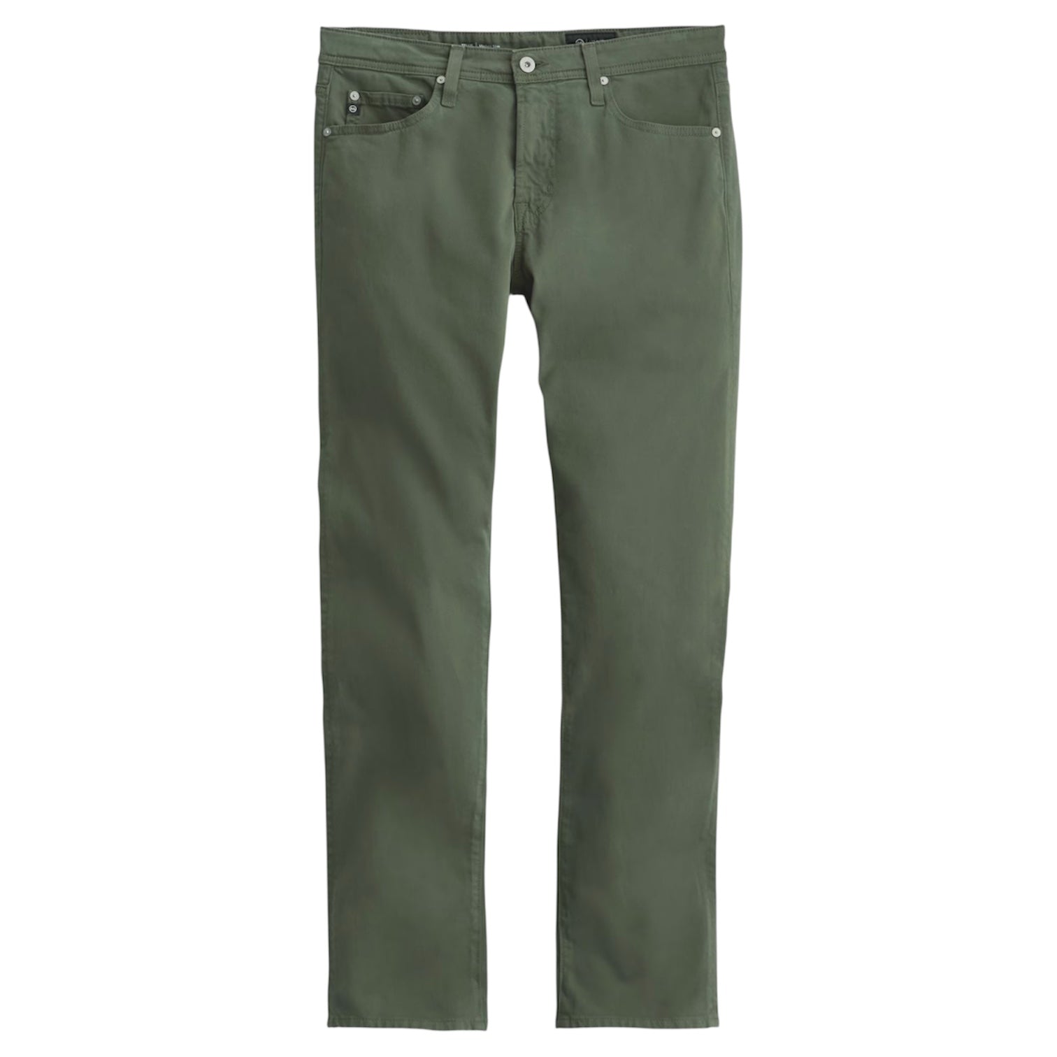 The Tellis Sueded Sateen by AG Jeans is a green, straight-leg jean crafted from stretch sueded sateen with a classic five-pocket design, shown laid flat on a white background.