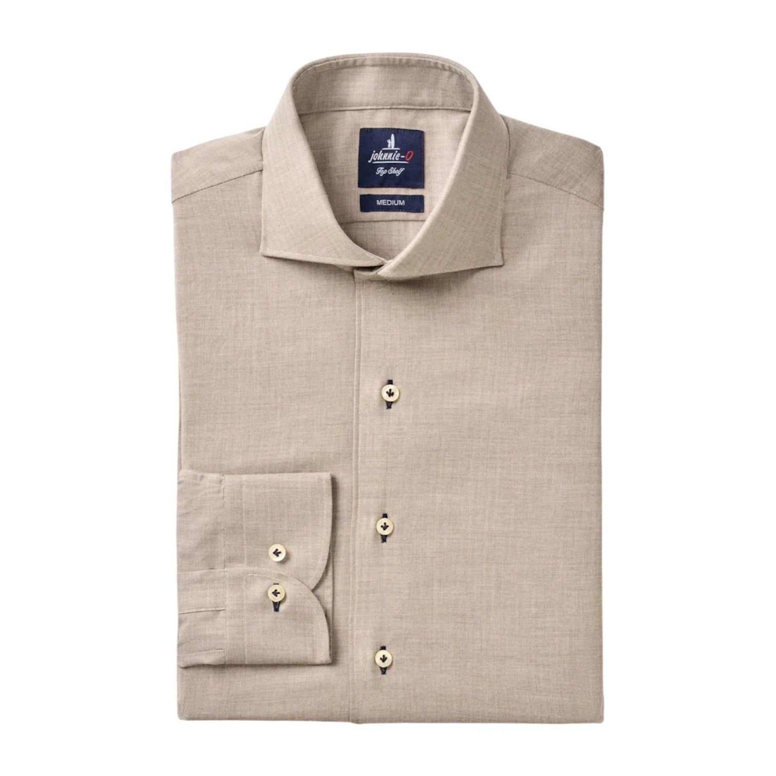 A beige Johnnie-O Augustin Buttondown shirt, neatly folded, features a premium herringbone cotton finish, classic collar, and single cuff with three buttons.