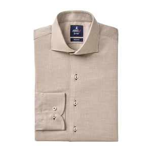A beige Johnnie-O Augustin Buttondown shirt, neatly folded, features a premium herringbone cotton finish, classic collar, and single cuff with three buttons.