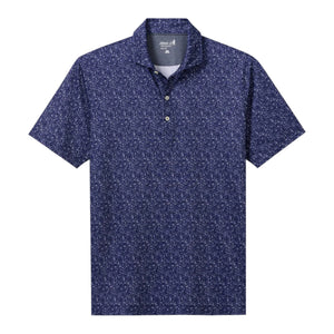 The Johnnie-O Boggings Polo is a men's short-sleeve polo in navy blue with a subtle white abstract pattern, UPF 50 protection, moisture-wicking fabric, and a three-button placket, shown against a white background.
