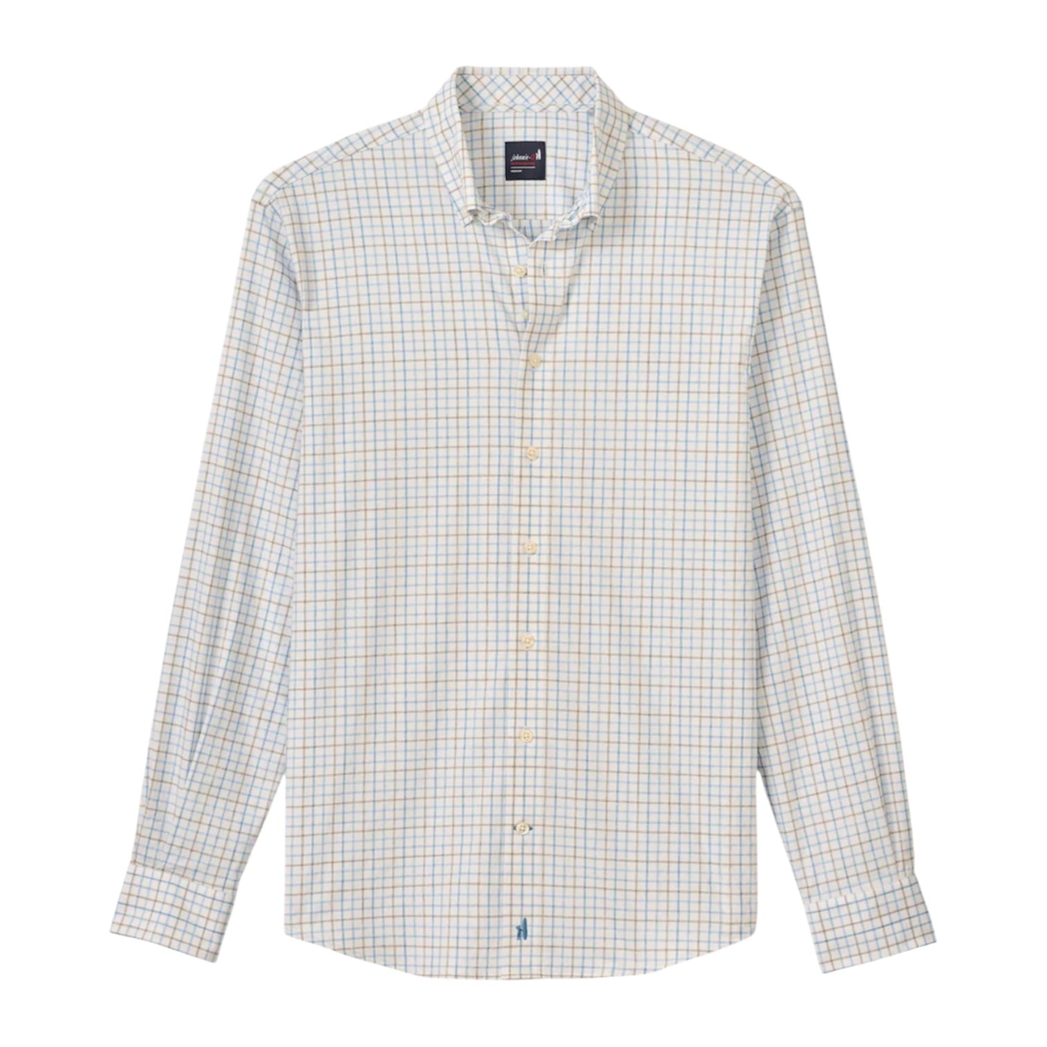 The Johnnie-O Paddock Button Down is a long-sleeve performance shirt with a light blue and yellow checkered pattern, pointed collar, and front pocket, shown flat on a white background.