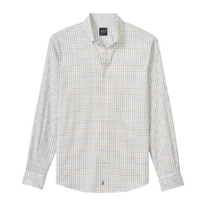 The Johnnie-O Paddock Button Down is a long-sleeve performance shirt with a light blue and yellow checkered pattern, pointed collar, and front pocket, shown flat on a white background.