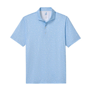 Light blue short-sleeve Wine Mixer Polo by Johnnie-O, featuring a subtle white geometric pattern, button-up collar, and straight hemline. Offers UPF 50 sun protection for comfort all day. Laid flat on a white background.