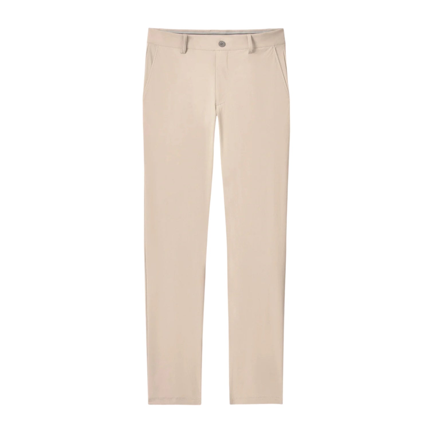The Johnnie-O Fusionn Pant is a beige straight-leg trouser featuring a stretch waistband, belt loops, front button, and side pockets, shown on a white background.