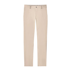 The Johnnie-O Fusionn Pant is a beige straight-leg trouser featuring a stretch waistband, belt loops, front button, and side pockets, shown on a white background.