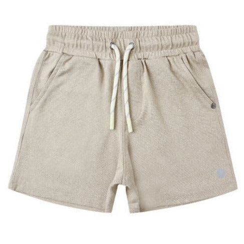 Boys' Oceanside Tech Short by Rylee & Cru in beige, featuring durable drawstrings, front pockets, and an elastic waistband, shown on a white background.