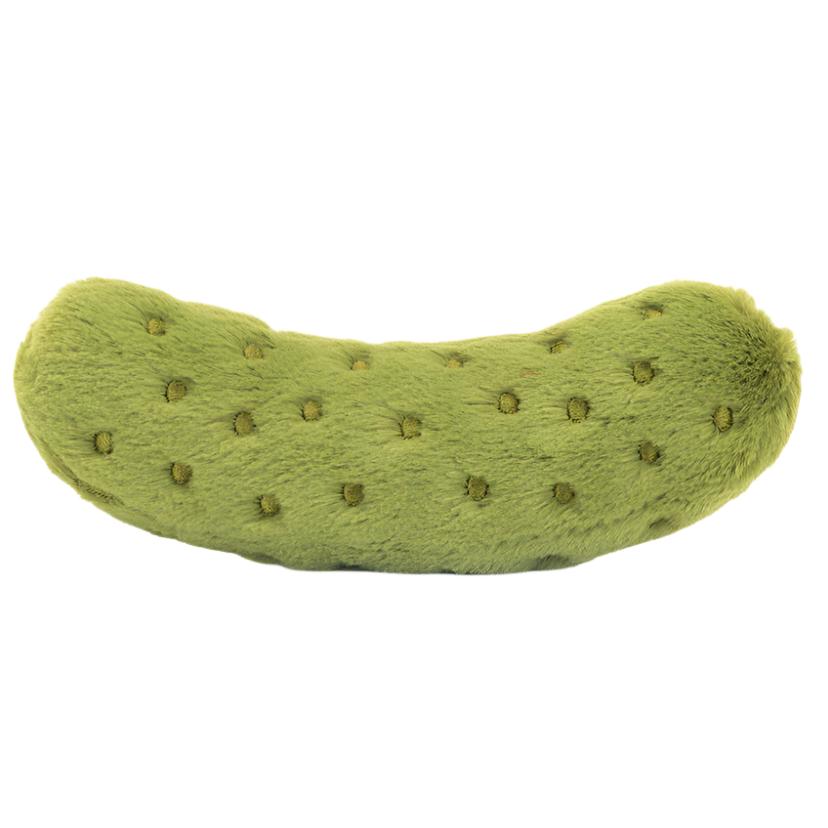 The Amuseables Pickle by Jellycat is a green plush toy with tiny stitched dots, shaped like a pickle—perfect for quirky gifts or adding festive good luck to any celebration.