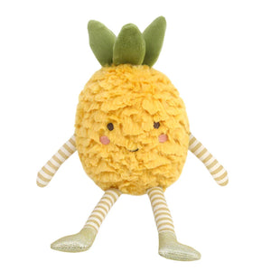 The MON AMI Pina Pineapple by Mon Ami is a charming plush toy designed with a smiling face, green leaves, and striped limbs—ideal for gift giving or adding charm to any room decor.