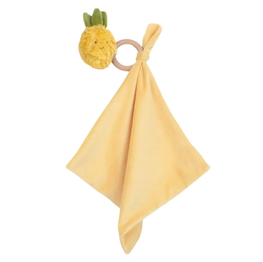 The MON AMI Pina Pineapple Wood Teether Security Blankie by Mon Ami is a yellow baby comforter featuring a plush pineapple character attached to a wooden teething ring, perfect for little ones.