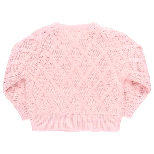 The Pink Chicken Baby Girls' Katrina Sweater, a charming pink cable-knit garment with a diamond lattice pattern, features a delicate glitter button closure shown from the back.