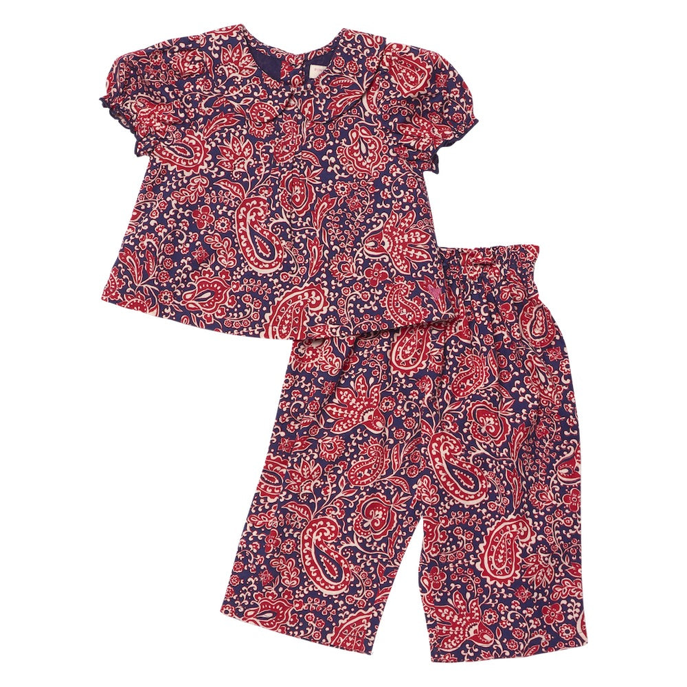 Pink Chicken Baby Girls’ Dawson 2-Piece Set: This delightful two-piece outfit for girls includes a short-sleeve top with a classic Peter Pan collar and matching pants, both showcasing a vibrant red, white, and blue paisley vines pattern.
