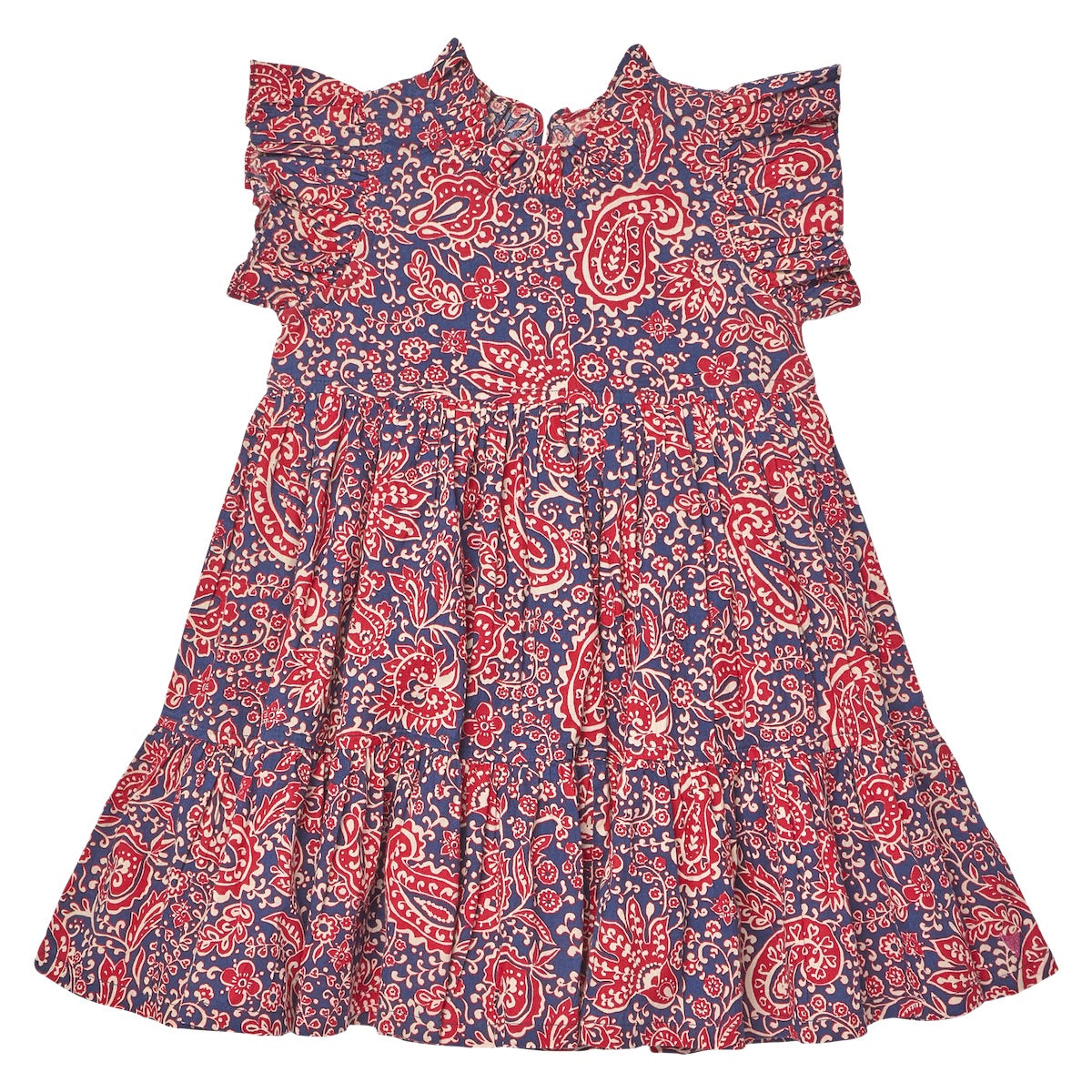 The Girls’ Jennifer Dress by Pink Chicken features short sleeves, ruffled details, and a tiered skirt, adorned with a red and white paisley vines pattern on a blue background—making it the perfect charming fall dress.