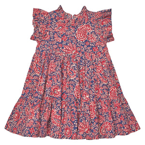 The Girls’ Jennifer Dress by Pink Chicken features short sleeves, ruffled details, and a tiered skirt, adorned with a red and white paisley vines pattern on a blue background—making it the perfect charming fall dress.
