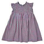 Girls’ Stevie Dress by Pink Chicken featuring a charming red & blue check plaid pattern, smocked bodice, ruffled collar, and flutter sleeves.