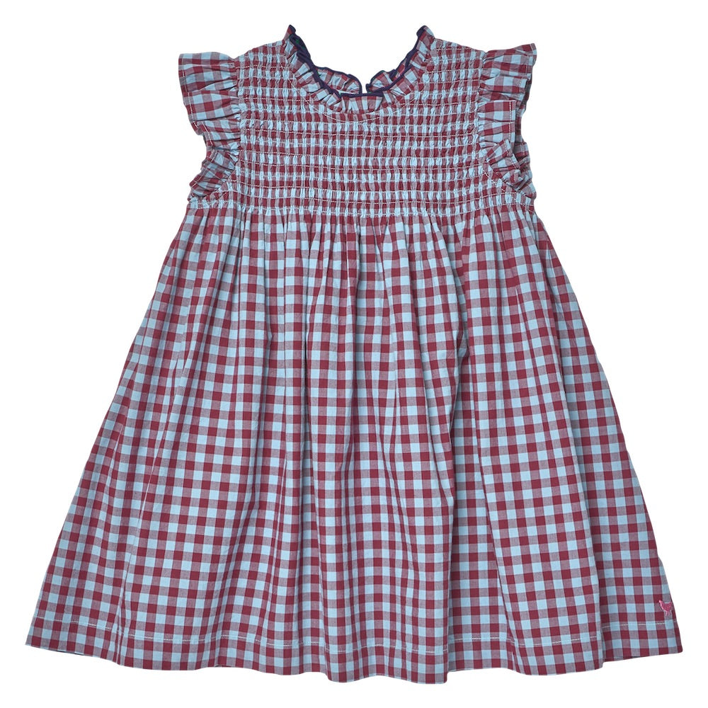 Girls’ Stevie Dress by Pink Chicken featuring a charming red & blue check plaid pattern, smocked bodice, ruffled collar, and flutter sleeves.