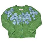 The Girls’ Blossom Sweater by Pink Chicken is a green button-down cardigan for girls, featuring blue floral embroidery on the front, four coordinating green buttons, and long sleeves.