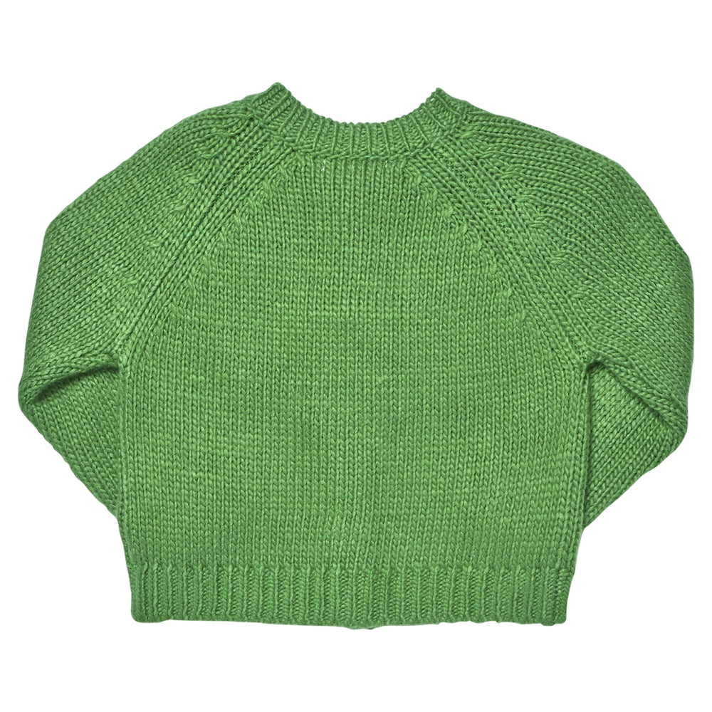 The Girls’ Blossom Sweater by Pink Chicken is laid flat with the front side visible, featuring a green floral design and ribbed cuffs, hem, and collar.