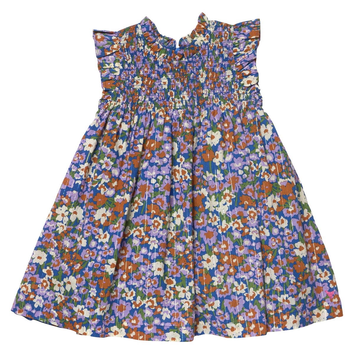 The Girls’ Stevie Dress by Pink Chicken is sleeveless, pleated, and floral with a smocked chest and playful ruffled shoulders.