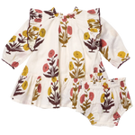 The Baby Girls’ Harper Dress Set by Pink Chicken features long sleeves, ruffles, bloomers, and a Harvest Dandelion floral print—perfect for fall.