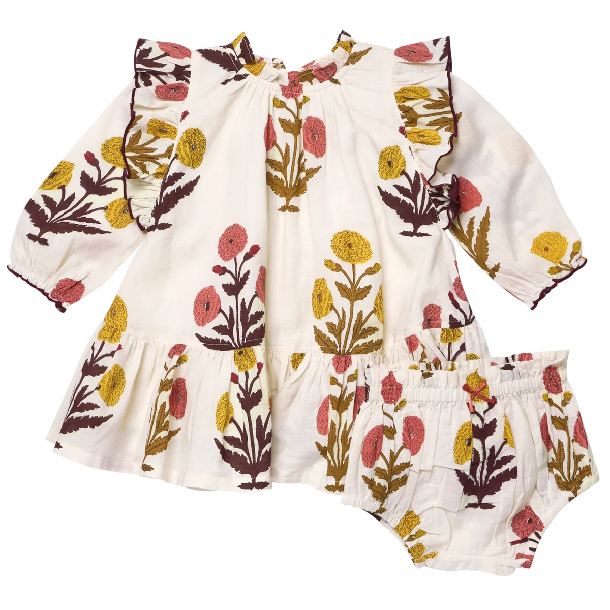 The Baby Girls’ Harper Dress Set by Pink Chicken features long sleeves, ruffles, bloomers, and a Harvest Dandelion floral print—perfect for fall.