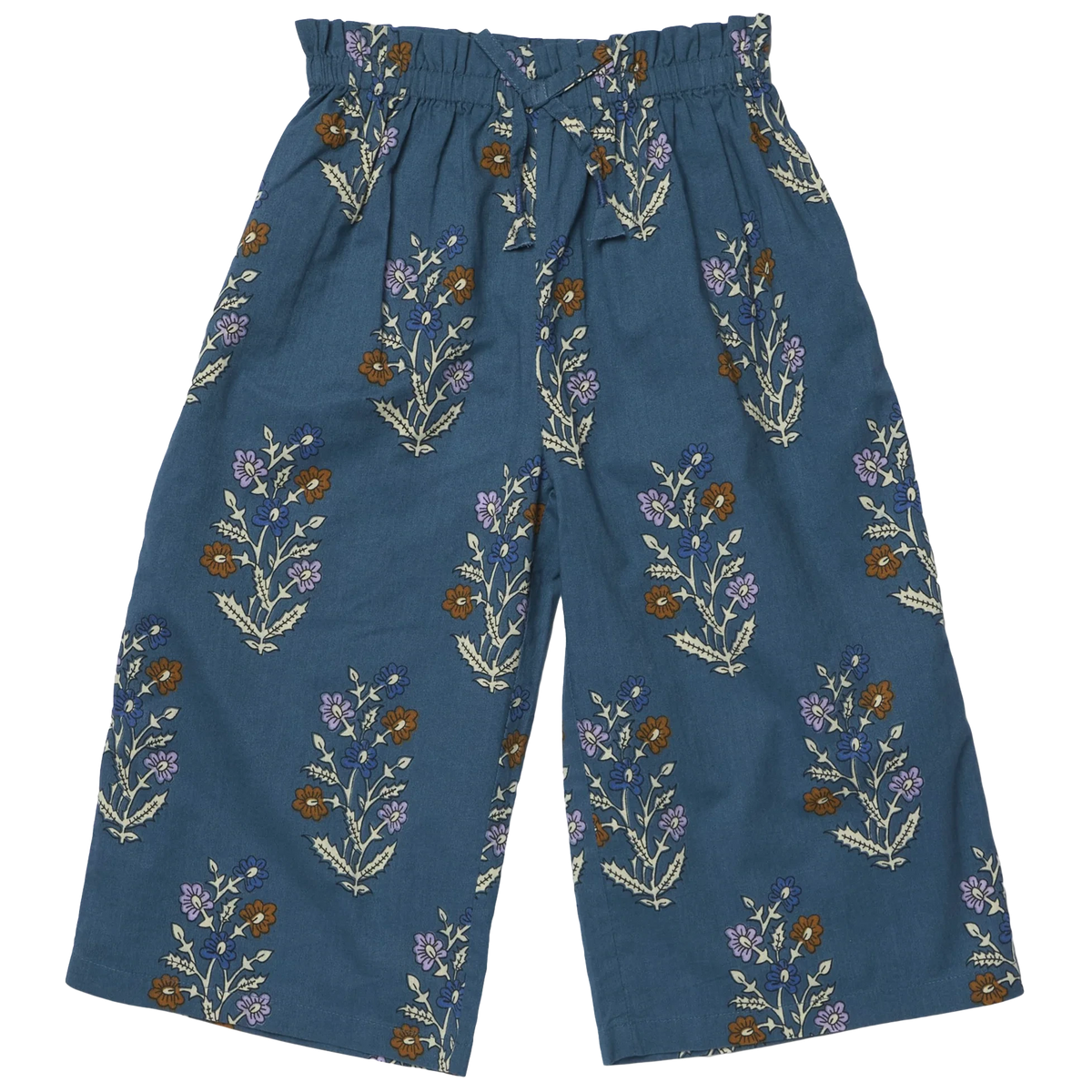 Girls’ Theodore Pant by Pink Chicken with paperbag elastic waist, front drawstring, and floral print in brown, white, purple, and green.