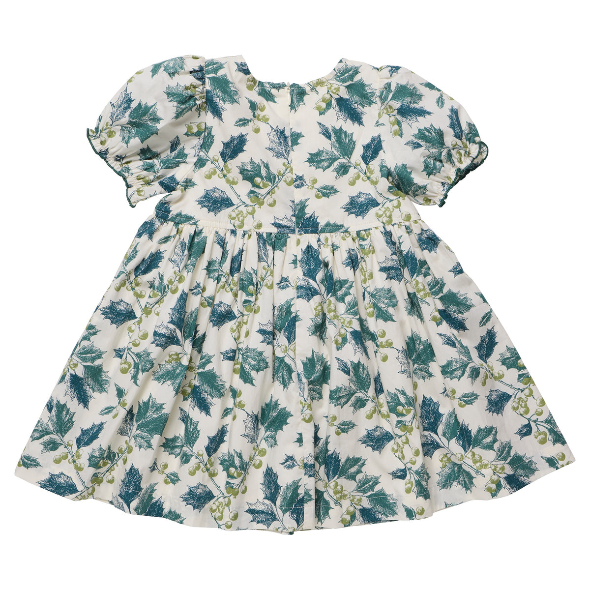 Girls’ Hermione Dress with short sleeves, a gathered waist, and a green holly and berry print on a white background.