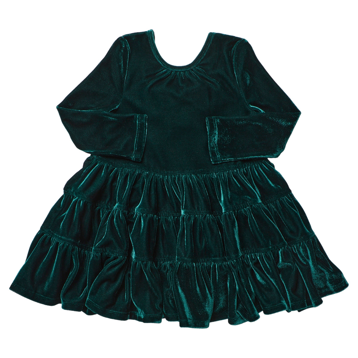 Girls’ Pearl Dress in evergreen velour with long sleeves and a tiered ruffled skirt.