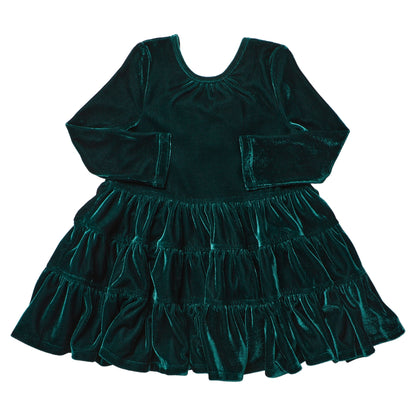 Girls’ Pearl Dress in evergreen velour with long sleeves and a tiered ruffled skirt.