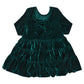 Girls’ Pearl Dress in evergreen velour with short sleeves, a neckline bow, and a tiered, ruffled skirt.
